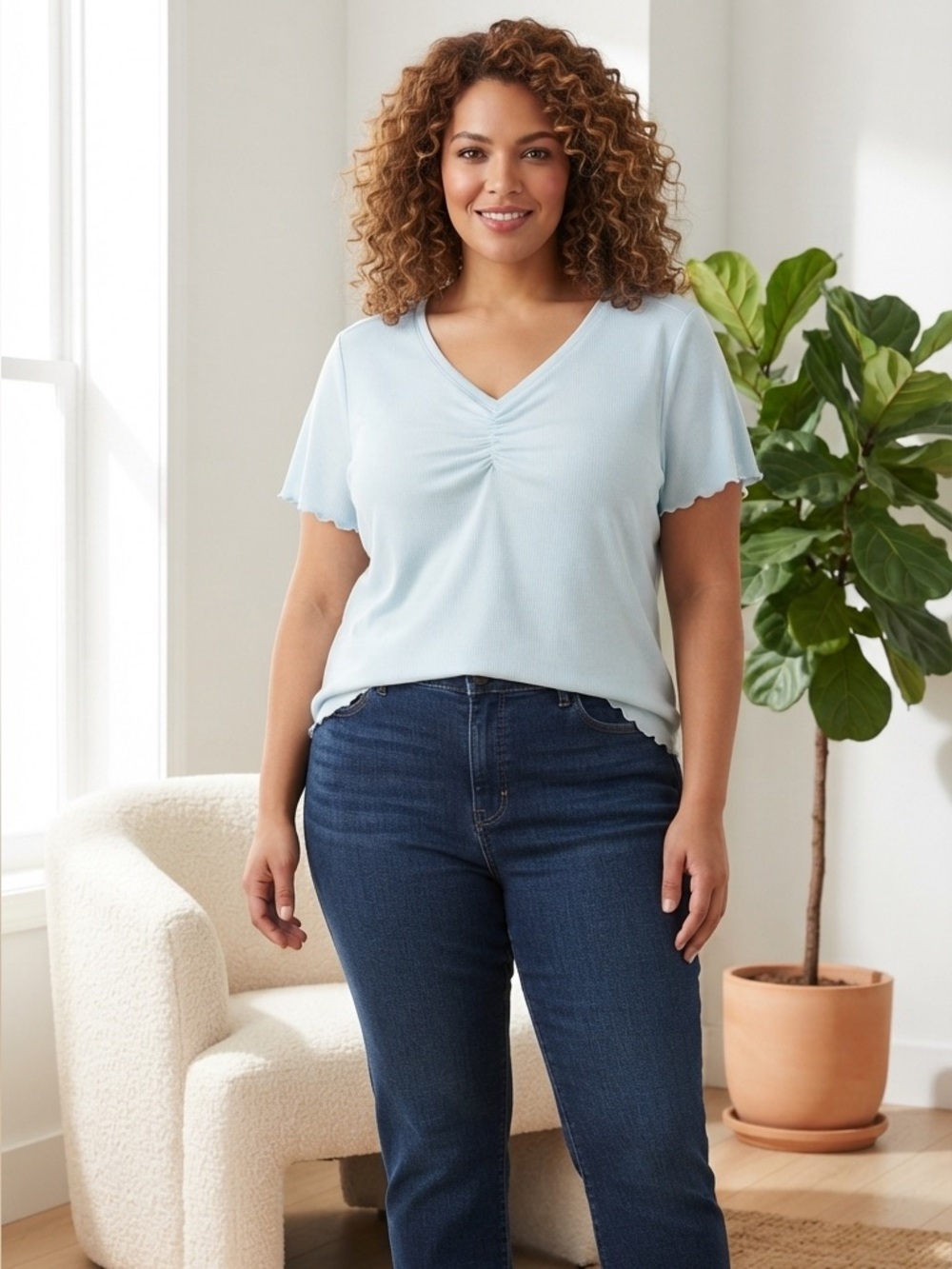 Serra Light Blue V-Neck Short Sleeve Ruching Blouse